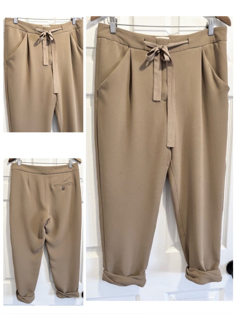 Aritzia Wilfred Allant Crop Tie Waist Pants Crepe Trousers Tan Brown Size 6